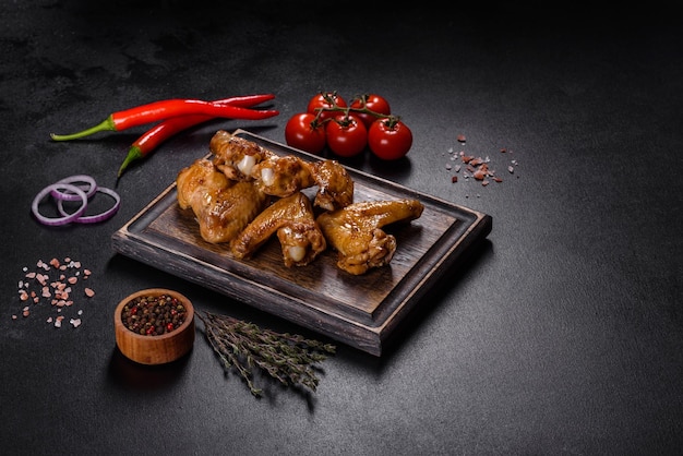 Knusprige Barbecue Chicken Wings mit Gemüse und Gewürzen auf schwarzem Hintergrund