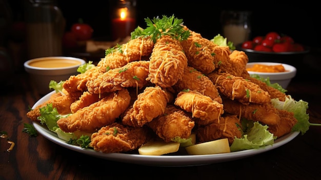 Knusprige Chicken Nuggets mit Mayonnaise auf einem Teller mit verschwommenem Hintergrund