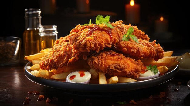 Knusprige Chicken Nuggets mit Mayonnaise auf einem Teller mit verschwommenem Hintergrund