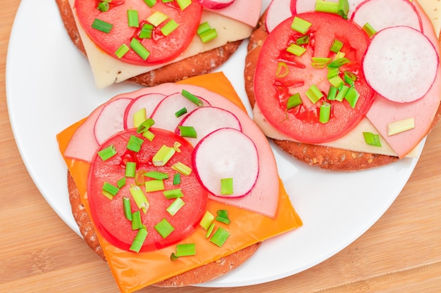 Knusprige Cracker-Sandwiches mit Tomatenwurst, Käse, Frühlingszwiebeln und Radieschen