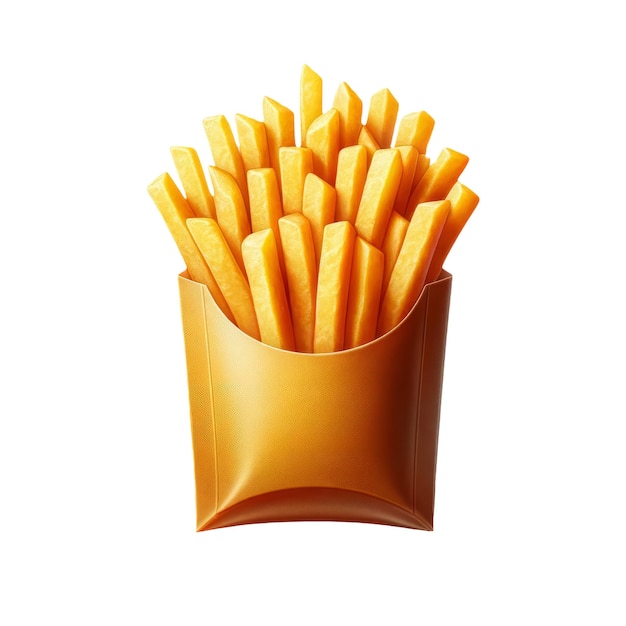 Knusprige goldene Pommes Frites in einem Papierbehälter, isoliert auf weißem Hintergrund