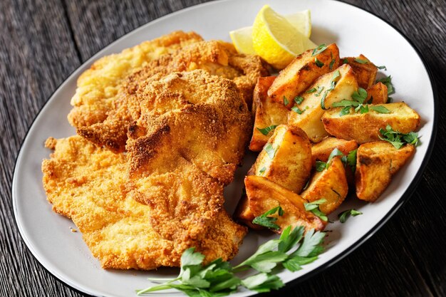 Knusprige Hähnchenschnitzel mit würzigen Bratkartoffeln