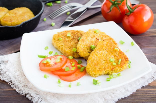 Knusprige Rösti und Tomaten auf einem Teller