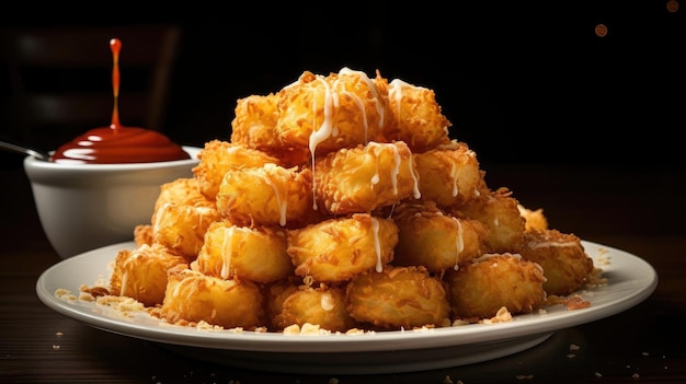 Knusprige Tater Tots mit herzhaften, salzigen Gewürzen auf einem Holztisch mit schwarzem und unscharfem Hintergrund