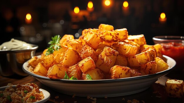 Foto knusprige tater-tots mit salzigen salzigen gewürzen mit schwarzem und verschwommenem hintergrund