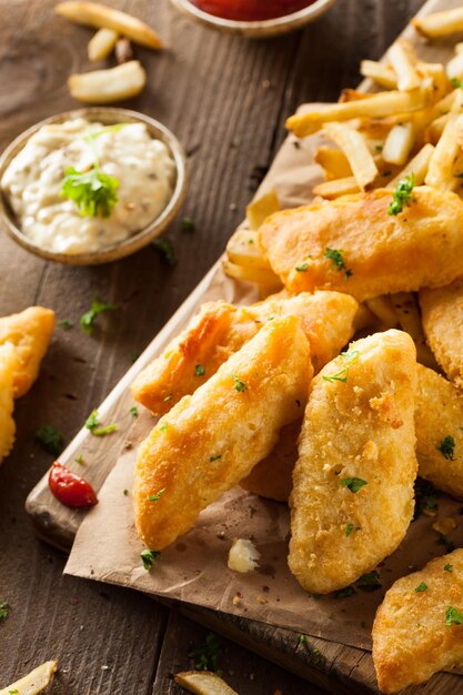 Knuspriger Fisch und Chips mit Tartarsauce