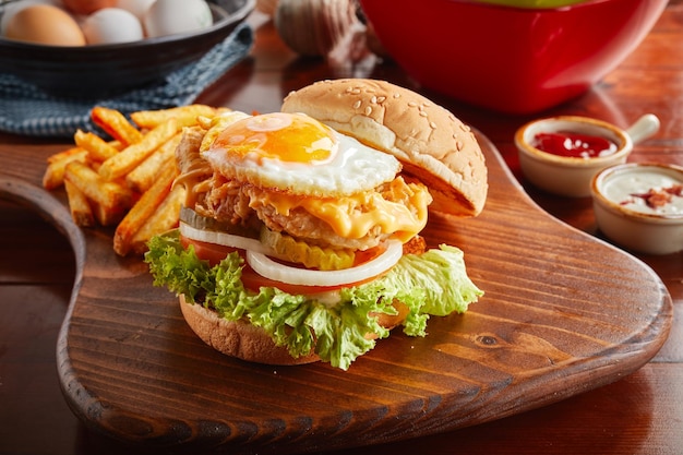 Knuspriger Hühnchen-Burger mit sonnigem Ei und Pommes, serviert in einem Gericht isoliert auf Holzhintergrund-Seitenansicht