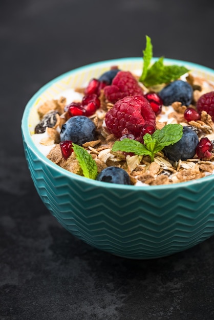 Knuspriges Müsli mit Beerenfrüchten mit Milch in der Schüssel