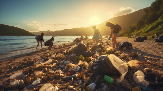 Öko-Freiwillige sammeln Plastikmüll am Strand ein