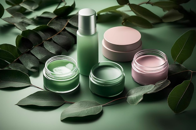 Öko-freundliche Kosmetika, die mit grünen Blättern geschmückt sind, organische Gesichts- und Hautpflege-Make-up und Kosmetika für die Hautpflege. KI-generiertes Bild