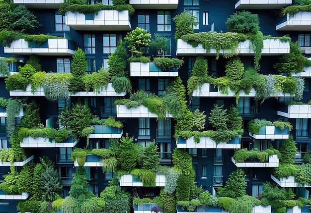 Öko-freundliches Leben Die Fassade eines modernen städtischen Wohngebäudes ist mit üppigem Grün geschmückt