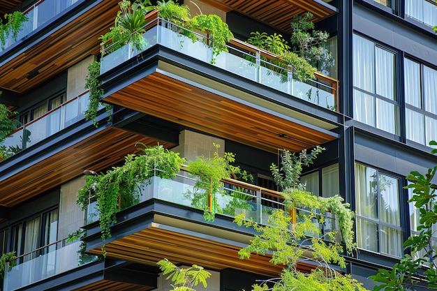 Öko-freundliches Wohngebäude mit üppig grünen Balkongärten