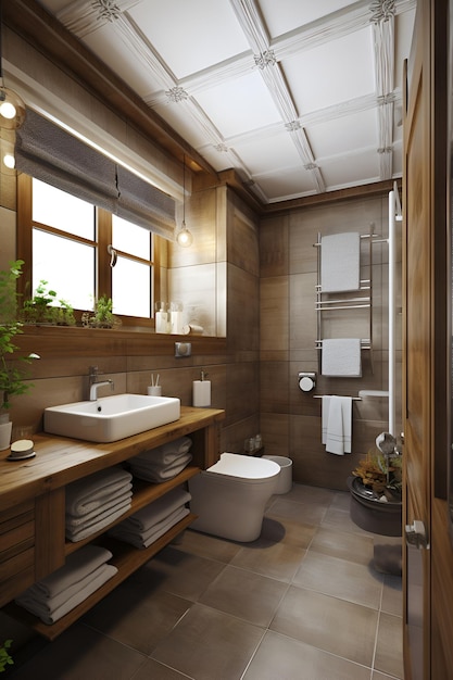 Öko-Stil-Interieur des Badezimmers in einem modernen Landhaus, KI generiert