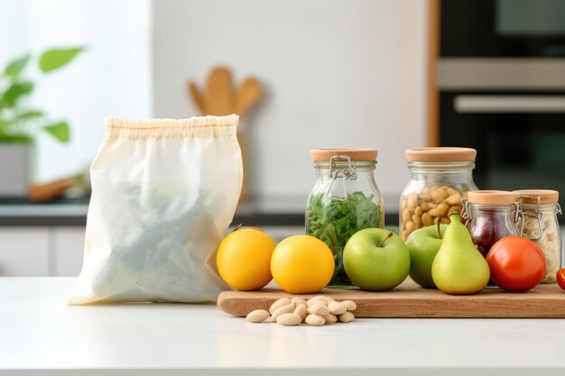 Öko-Tasche auf der Küchentheke mit Lebensmitteln in Gläsern und frischem Obst. Null-Abfall-Konzept, KI generiert