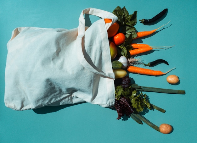 Öko-Tasche mit Lebensmitteln auf farbigem Hintergrund Bio-Lebensmittel, die aus der Tasche für einen Vegetarier streuen