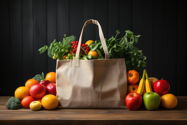 Öko-Tasche mit Produkten Gemüse Obst Null Abfall weniger Plastik Konzept Generative KI