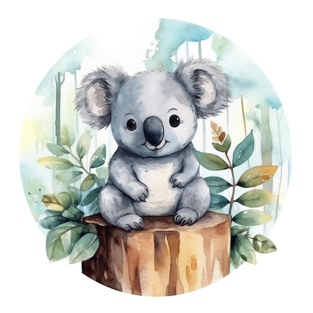 Koala acuarela sobre un tocón con hojas.