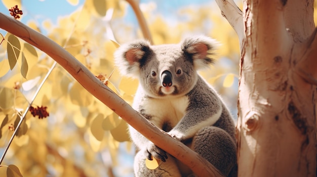 Un koala se aferra a una rama de eucalipto con una mirada curiosa en medio de los tonos dorados