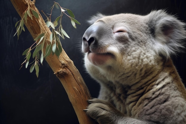 Un koala en un árbol de eucalipto con la nariz arrugada y los ojos cerrados en medio de un estornudo.