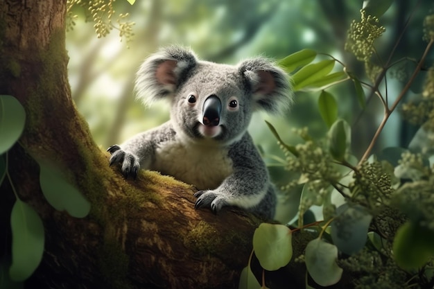 Un koala en un árbol con hojas verdes.