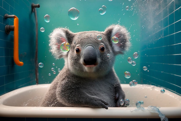 Koala en una bañera con pompas de jabón y espuma Contenido generado por IA