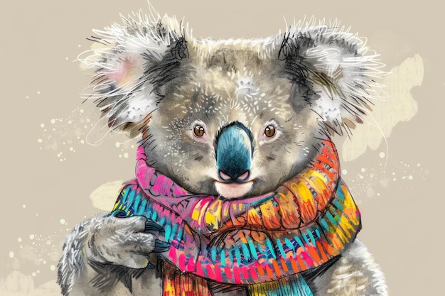Koala con una bufanda y guantes ilustración de boceto colorido