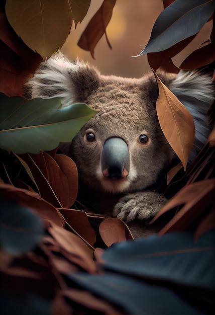 Koala con la cabeza asomando de un montón de hojas de eucalipto ai generativo