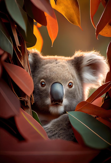Koala con la cabeza asomando de un montón de hojas de eucalipto ai generativo