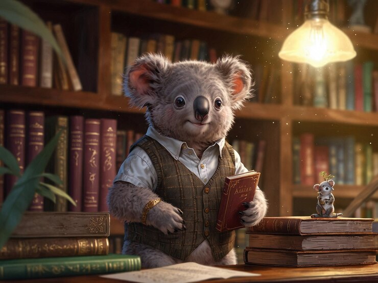 koala con un chaleco de tweed vintage con parches en el codo en la biblioteca