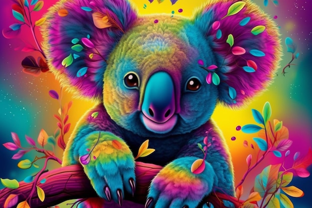 Un koala colorido con una cara de color arcoíris.