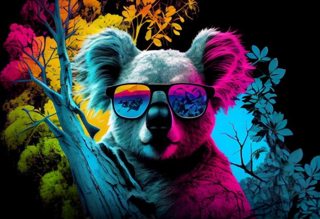 Un koala colorido con gafas de sol y un fondo de color arcoíris.