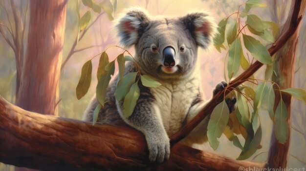 Koala contento en un árbol de eucalipto generado por IA