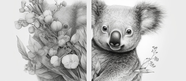 Foto koala con una corona de flores boceto dibujado a mano un animal marsupial abrazando