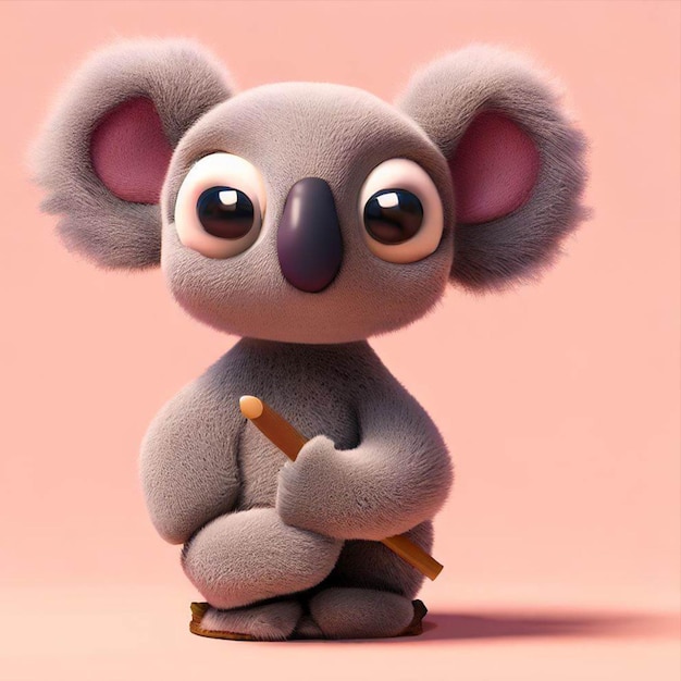 Un koala de dibujos animados con un lápiz en la cabeza se sienta sobre un fondo rosa.