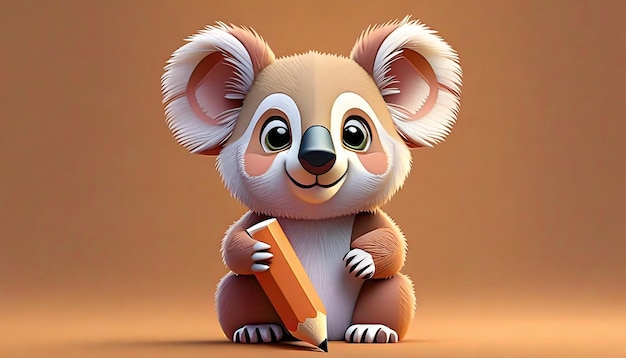 Un koala de dibujos animados con un lápiz en la cabeza se sienta