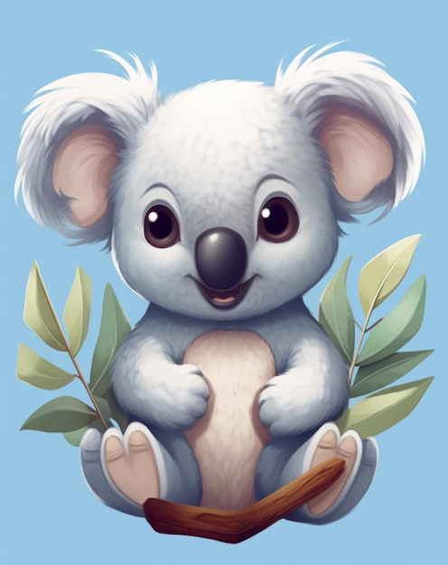 Un koala de dibujos animados se sienta en una rama con hojas.