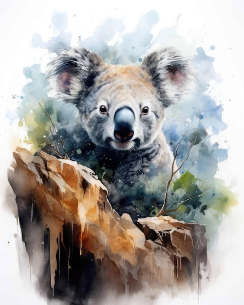 Koala Doble exposición de un Koala y las montañas de la naturaleza árboles en el arte de la acuarela