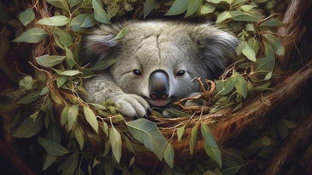 Un koala dormido acurrucado en un eucalipto generado por IA