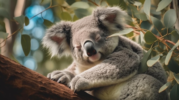 Un koala dormido acurrucado en un eucalipto generado por IA