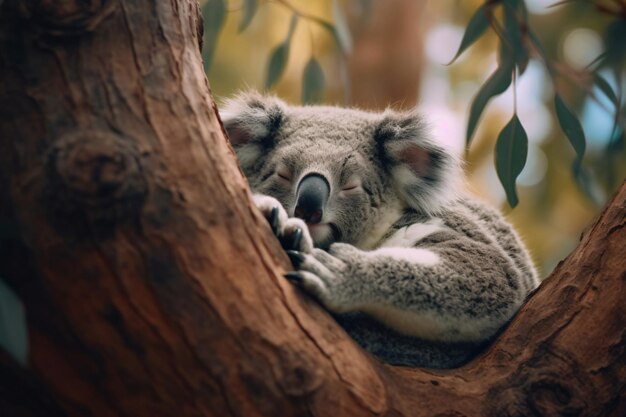 Un koala durmiendo en un árbol