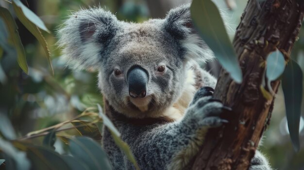 Un koala está sentado en una rama de un árbol