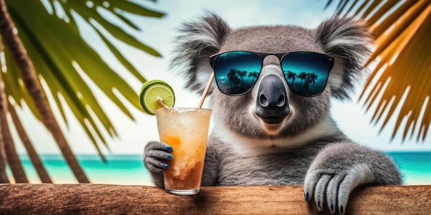 Koala está de vacaciones de verano en un balneario y se relaja en la playa de verano