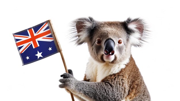 Foto koala feliz segurando a bandeira australiana isolado em fundo branco ai generative