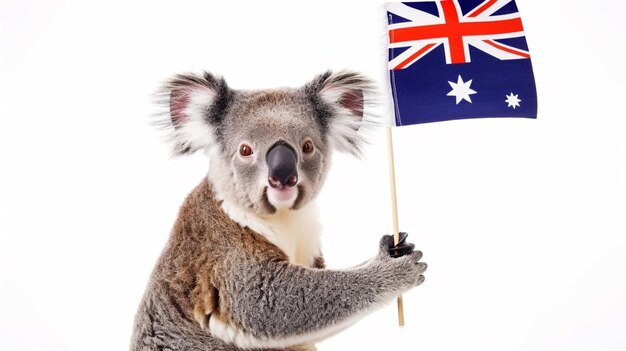 Foto el koala feliz sostiene la bandera australiana aislado sobre un fondo blanco ai generativo