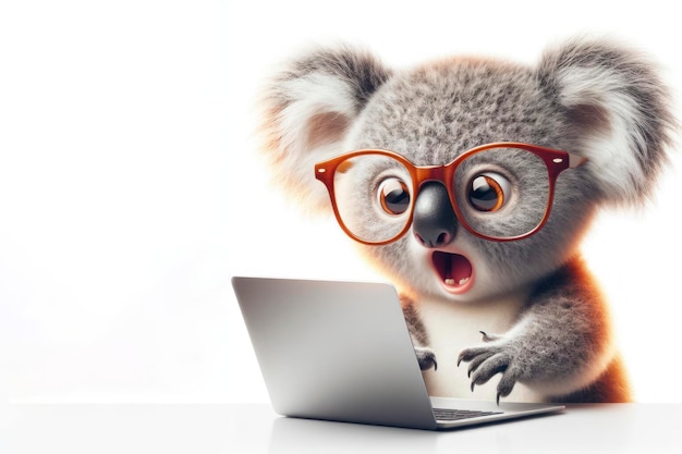 Koala con gafas y una mirada sorprendida en su cara está mirando una computadora portátil sobre un fondo blanco