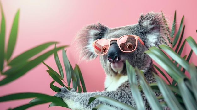 Koala con gafas de sol rosadas en una palmera