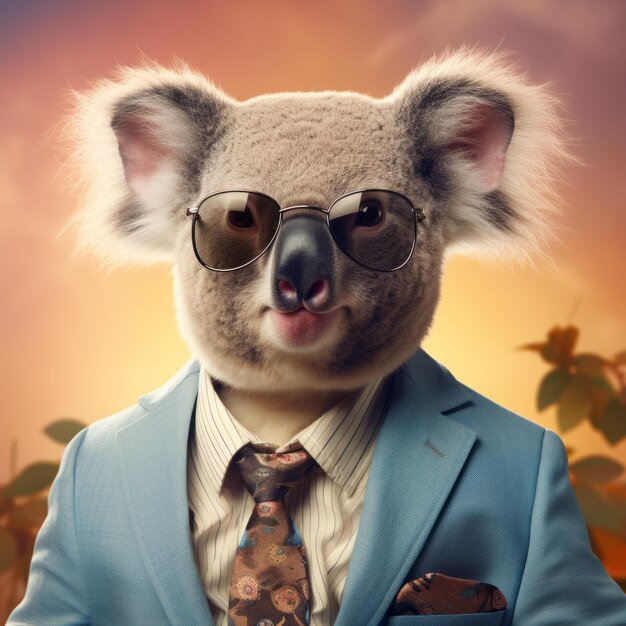 Koala con gafas de sol y traje azul Arte de fantasía fotorrealista