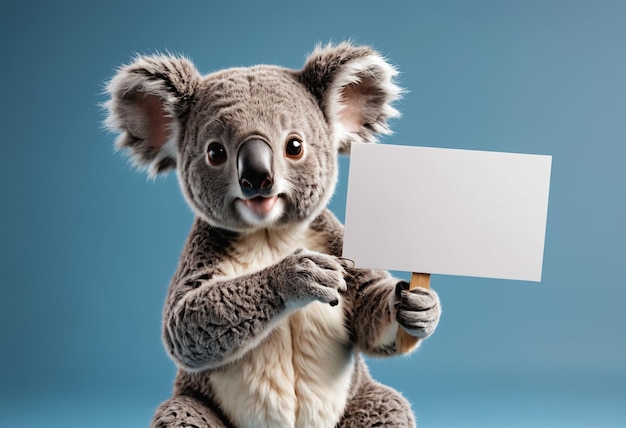 Koala hält ein leeres Schild auf blauem Hintergrund Generative KI
