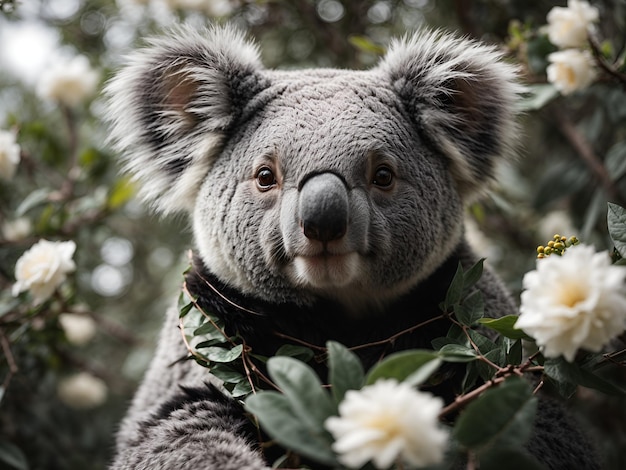 koala con hermosas flores blancas y negras