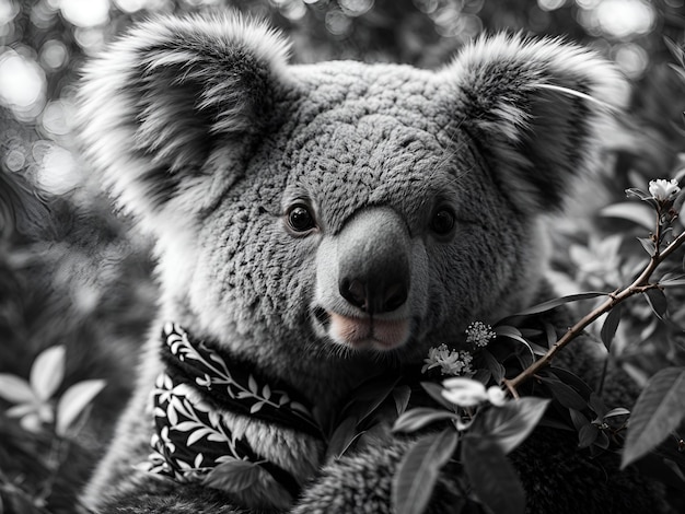 koala con hermosas flores blancas y negras